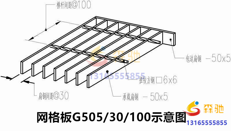 网格板G505/30/100参数示意图